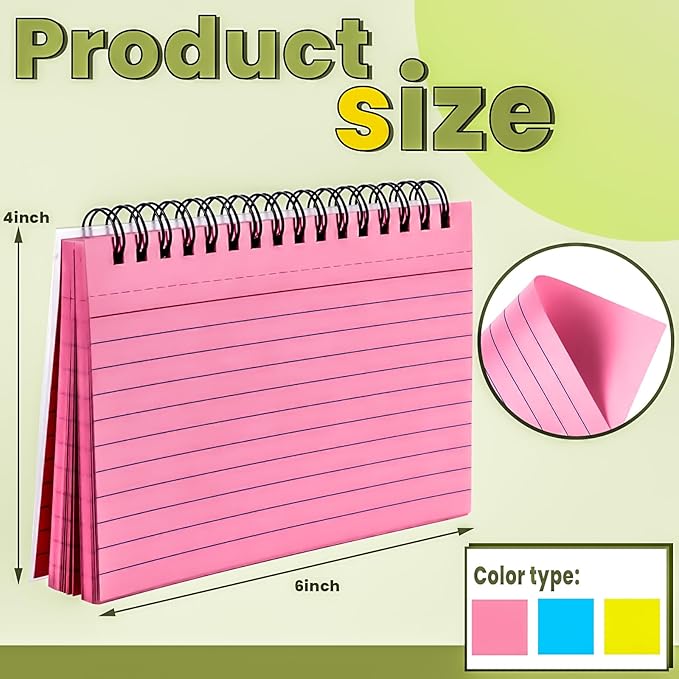 MotBach 150 Sheets Spiral Ruled Index Cards, 6 x 4 Inch, 3 Colors Spiral Bound Lined Index Cards Learning Note Cards Flash Cards with PP Cover for Memory Learning Home School Office To Do List