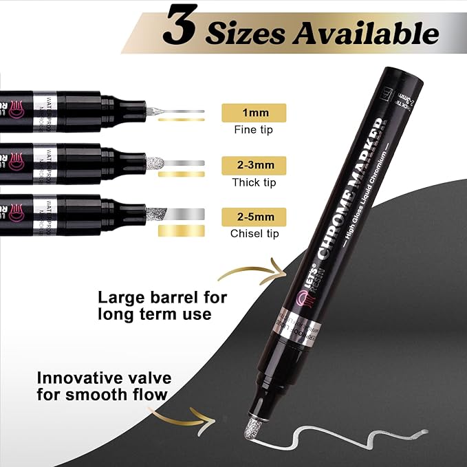 LET'S RESIN 6Pcs Mirror Chrome Markers,3 Sizes Shiny Chrome Paint Pen with Large Barrel, Quick Dry Oil-based Silver & Gold Markers for Metal, Resin, Model Painting, Marking or DIY Art(1-5mm