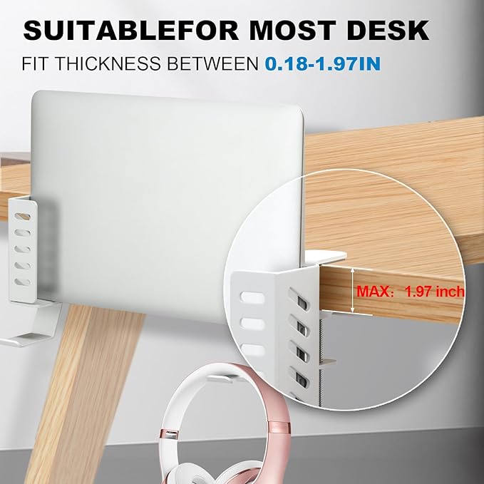FEIKU No Drill Desk Side Laptop Mount,Hanging Laptop Holder for Office and Home,Clamp on Desk Side Storage Organizer for Laptops/MacBook/Book/Keyboards/Headphone/Gamepad/Backpack White