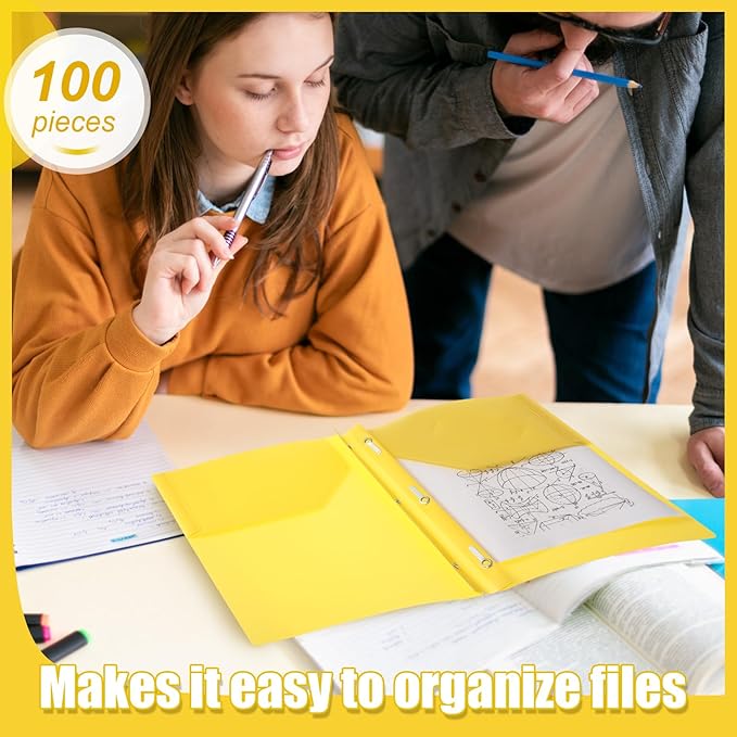 Lincia 100 Pcs Plastic Folders with Pockets and Prong Folders with Prongs Plastic Folders with 2 Pockets Pocket Folders for Office, School for Students, Teachers, Office Workers (Yellow)
