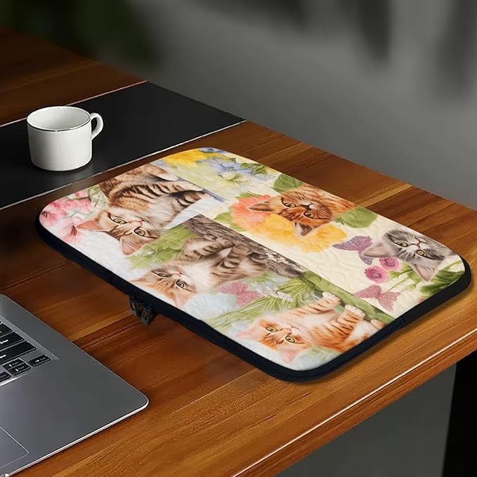 Cat Floral Printed Computer Case Bag for Girls Boys, Washable 13 Inch Laptop Bag Carrying Case Cute Laptop Briefcase Neoprene with Zipper, Compatible with Various Computers