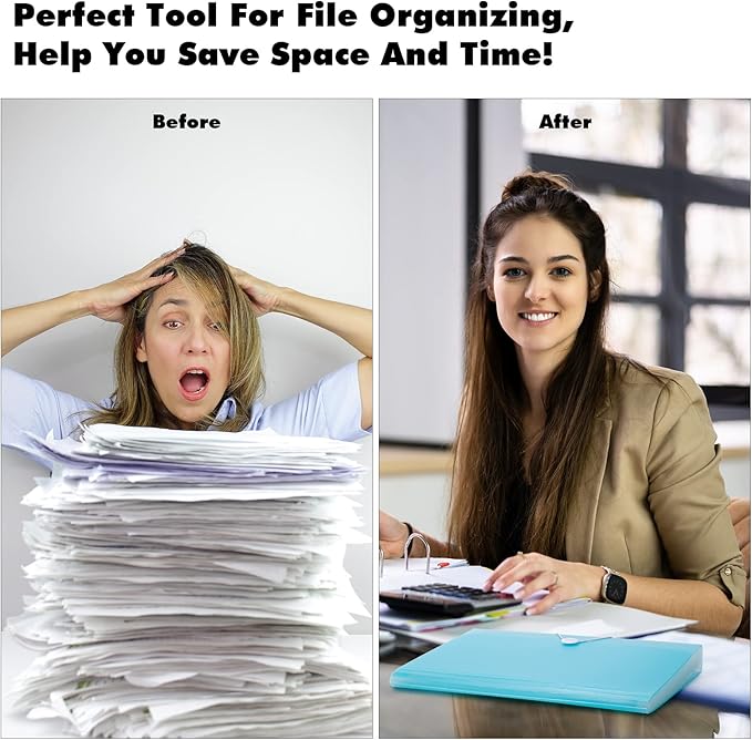 2 PCS Expanding File Folder A4,13 Pockets File Organiser with Colored Tags, Paperwork A4 Plastic Wallet Document Storage Expander for School,Office and Home, Light Blue