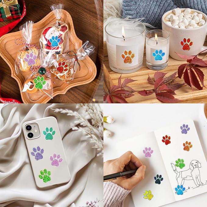 1 Inch Paw Stickers, 550 Pcs Sparkle Black Paw Stickers,Self-Adhesive Holographic Shiny Bear Paw Stickers Roll for Kids Birthday Decor Envelopes Seals Cards Gift Wrap