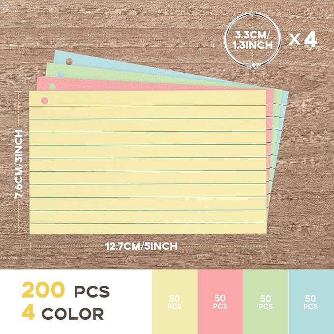 Colored 3x5 Index Cards with Rings, Goefun Ruled Flashcards 200Pcs, 4 Color Notecards for Studying, Vocabulary Cards, Recipes, Memos, Bookmark, Greetings