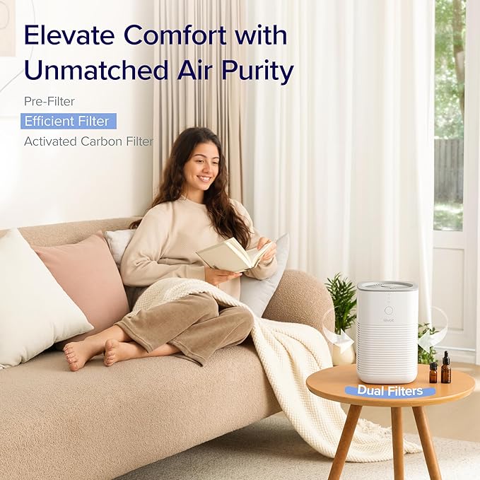 LEVOIT Air Purifier for Home Bedroom, Fresheners Filter Small Room Cleaner with Fragrance Sponge for Smoke, Allergies, Pet Dander, Odor, Dust Remover, Office, Desktop, Table Top, 1 Pack, White