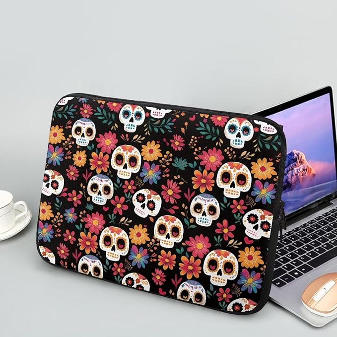 Skull Printed Computer Carrying Cover with Floral Print Laptop Case Bag Easy to Carry Computer Bag, 12 Inch Lightweight Laptop Briefcase Messenger Bag for Women