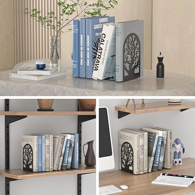 VFINE Tree Style Bookends 3 Pairs, Bookends for Shelves, Tree Metal Book Ends, Book Holder for Shelves, Decorative Unique Black Book Ends to Hold Books, Book Stopper Office Supplies