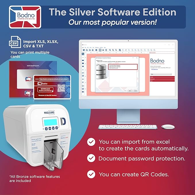 Bodno Magicard D Dual Sided ID Card Printer & Complete Supplies Package ID Software - Silver Edition