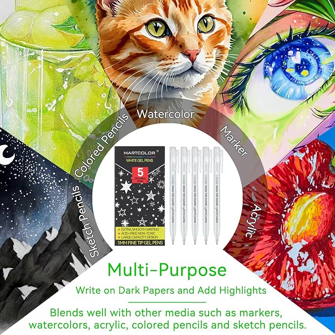 White Gel Pens, 5 Pack, 1 mm Extra Fine Point Gel Ink Pen, Opaque Archival Ink Pens for Black Paper Drawing, Art Highlight, Sketching, Illustration, Card Making