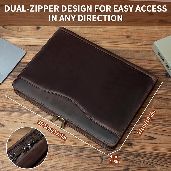 YIWEN Handmade Crazy-Horse Leather 3 Ring Binder Portfolio Padfolio Folder with Zipper for Men and Women, Business Organizer for Letter A4 Size for Meeting and Travel (Non-custom, Dark Brown)