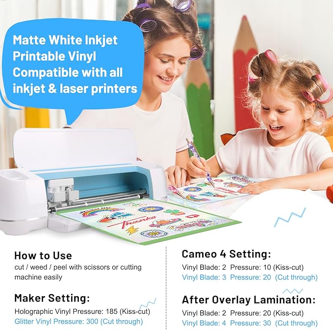 TECKWRAP Holographic Sticker Paper Clear Overlay Laminating Sheets Matte White Inkjet Printable Vinyl 8.26" x 11.69" A4 Size 36 sheets/Pack Laminate Sticker Film for Craft, Scrapbooking, Craft Cutters
