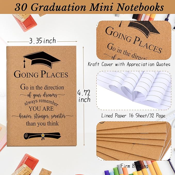 Kosiz 60 Pcs Graduation Gifts Motivational Mini Journal Inspirational Bamboo Pen Kraft Notebooks Bulk Wooden Retractable Ballpoint Pen for Class of 2025 College Gifts (Wooden)