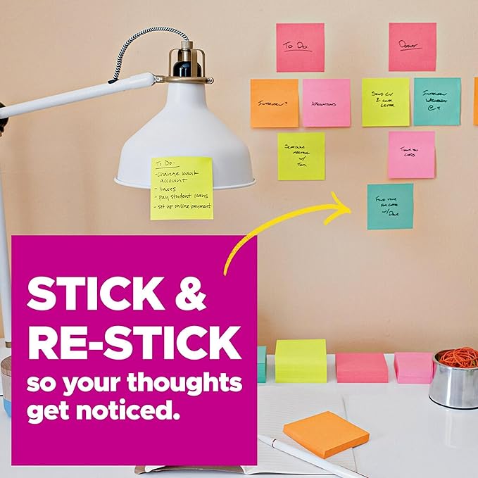 Post-it Super Sticky Notes, 24 Sticky Note Pads, 3 x 3 in., School Supplies, Office Products, Sticky Notes for Vertical Surfaces, Monitors, Walls and Windows, Supernova Neons Collection