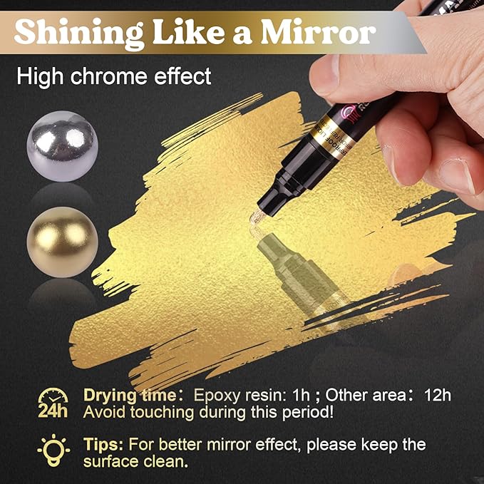 LET'S RESIN 6Pcs Mirror Chrome Markers,3 Sizes Shiny Chrome Paint Pen with Large Barrel, Quick Dry Oil-based Silver & Gold Markers for Metal, Resin, Model Painting, Marking or DIY Art(1-5mm