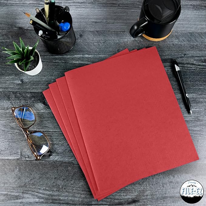 FILE-EZ Two-Pocket Folders, Red, 125-Pack, Textured Paper, Letter Size (EZ-32458)