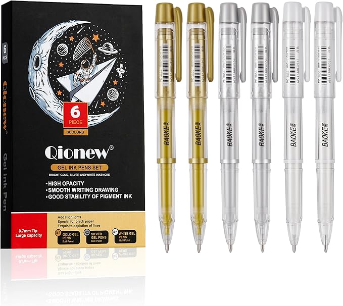 3 Colors Gel Pen Set, 6 Pack, 0.7mm Extra Fine Point,White,Gold and Silver Gel Ink Pens for Artists,White Pens for Black Paper,Artists Drawing,Journaling, Coloring 