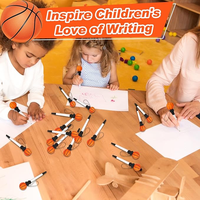 Lincia 24 Pcs Sport Funny Pen Hoop Ballpoint Novelty Bulk Plastic Sports Soccer Basketball Baseball Football Tennis Golf Themed Pen for Birthday Party School Award Party Favor Supplies(Basketball)