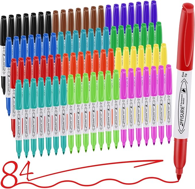 Permanent Markers Assorted Colors Set, 12 Colored Markers 84 Pack, Fine Point,Works on Wood, Plastic, Metal, and More, for Adults, Artist, Taecher, Kids