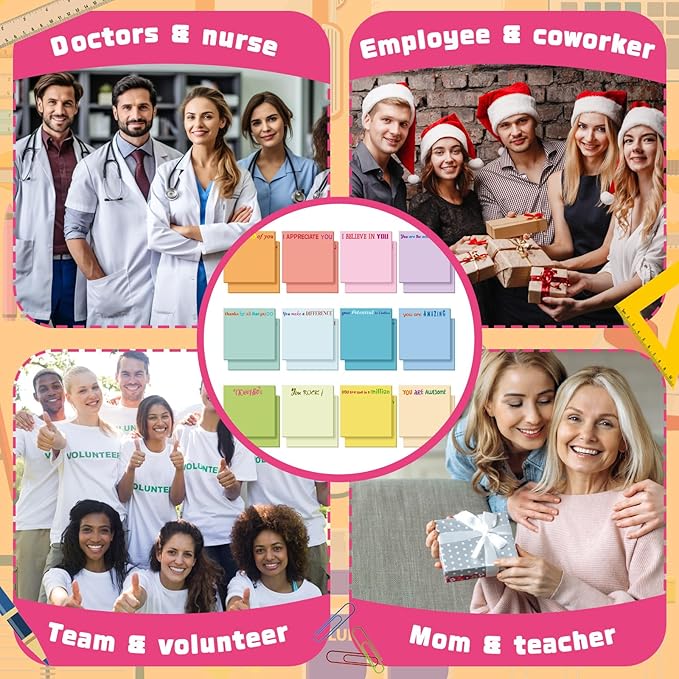 Yinder 24 Pcs Inspirational Sticky Notes with Lines Cute Motivational Sticky Notes Pad Employee Appreciation Gifts Bulk for Teacher Nurse Coworkers Office Supplies 3 x 3''(Elegant Color,Thank You)