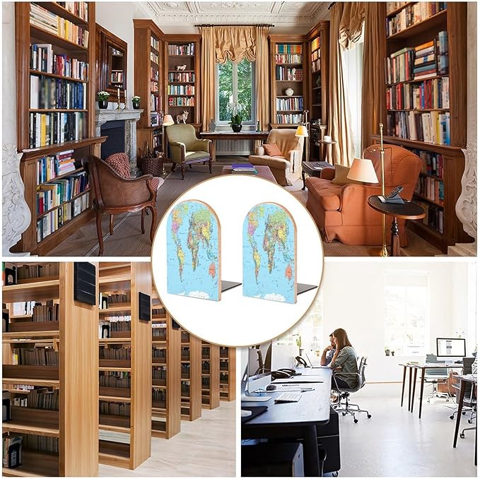2 Pack Wood Bookends, World Map Blue Non-Skid Book Ends for Heave Books, Decorative Bookends for Shelves Desk, Book Stoppers Book Holders for Home Office Library School