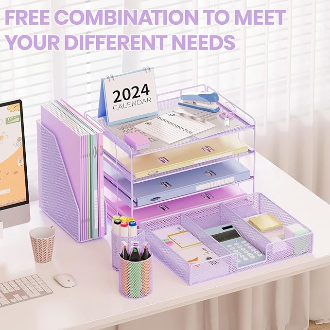 Desk Organizers and Accessories, Paper Letter Tray File Organizer with Drawer and 2 Pen Holder, Classroom Office Supplies Decor Desk Accessories Workspace Desktop Organizer for Women(Purple)