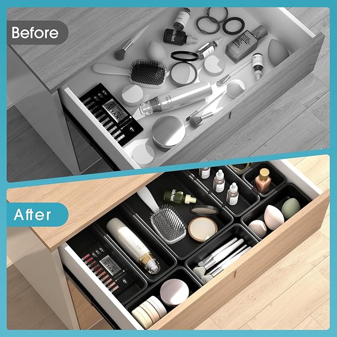 10 PCS Drawer Organizer Set, 4 Size Makeup Drawer Divider Organizer With Non-Slip Pads, Interlocking Plastic Storage Bins for Office,Jewelry Vanity,Gadgets, Bathroom,Kitchen, Black