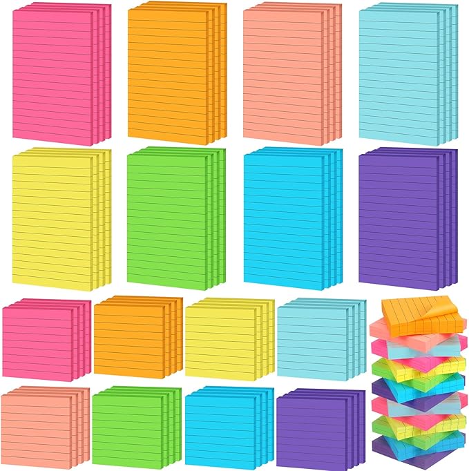Yexiya 64 Pcs Lined Sticky Notes Self Stick Notes with Lines Bright Assorted Colors Sticky Notes for Home Office Products Post Memos, 1920 Sheets(4 x 6 Inch, 3 x 3 Inch,Vivid Color)