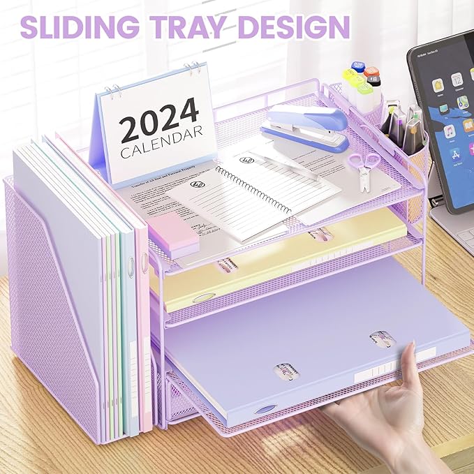 Desk Organizers and Accessories, Paper Letter Tray File Organizer with Drawer and 2 Pen Holder, Classroom Office Supplies Decor Desk Accessories Workspace Desktop Organizer for Women(Purple)