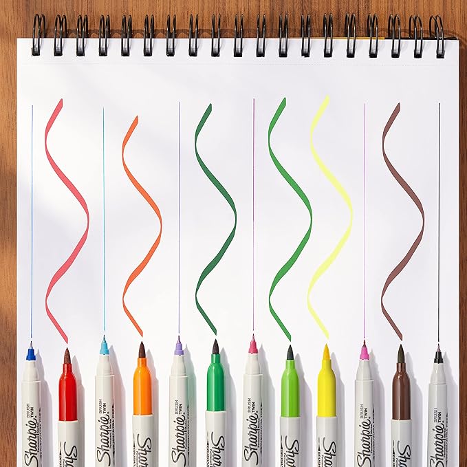 Sharpie Brush Twin Permanent Markers, Brush Tip Marker and Ultra Fine Tip Marker, Assorted, 12 Count