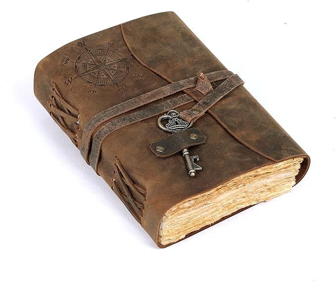 cuero Compass Vintage Leather Journal Antique Handmade Bound Journal with Deckle Edge Paper Diary Leather Sketchbook Drawing Journal Notebook Great Gift Men & Women (6X8 Inch)