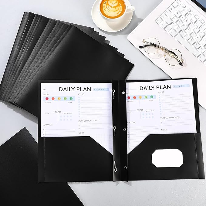 Cholemy 36 Pcs Plastic Pocket Folders with Prong 2 Heavy Duty Pockets Folders with 3 Prongs Letter Size Paper Folders Bulk File Plastic Folders with Fasteners for Office Workers (Black)
