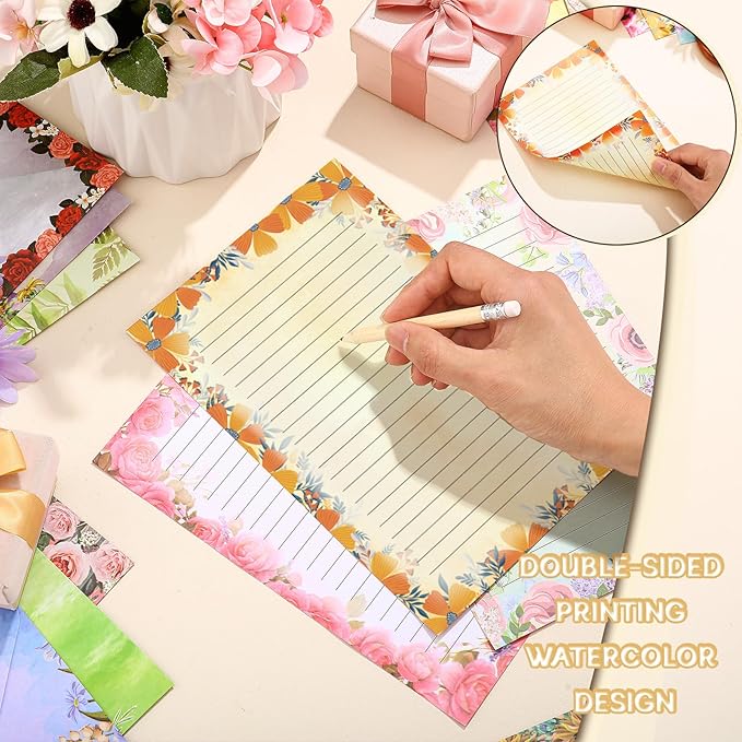 TaoBary 160 Packs Stationery Paper Set (50 Double Sided Stationery Writing Papers 50 Matching Envelopes) 60 Round Dot Sticker, 10 Design(Flower,5.5 x 8.25 Inch)