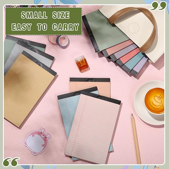 Lincia 12 Pcs 5" x 8" Colored Note Pads Mini Legal Pads Ruled 50 Sheets Per Micro Writing Pads Perforated and Lined for College Office Supplies (Retro Colors)