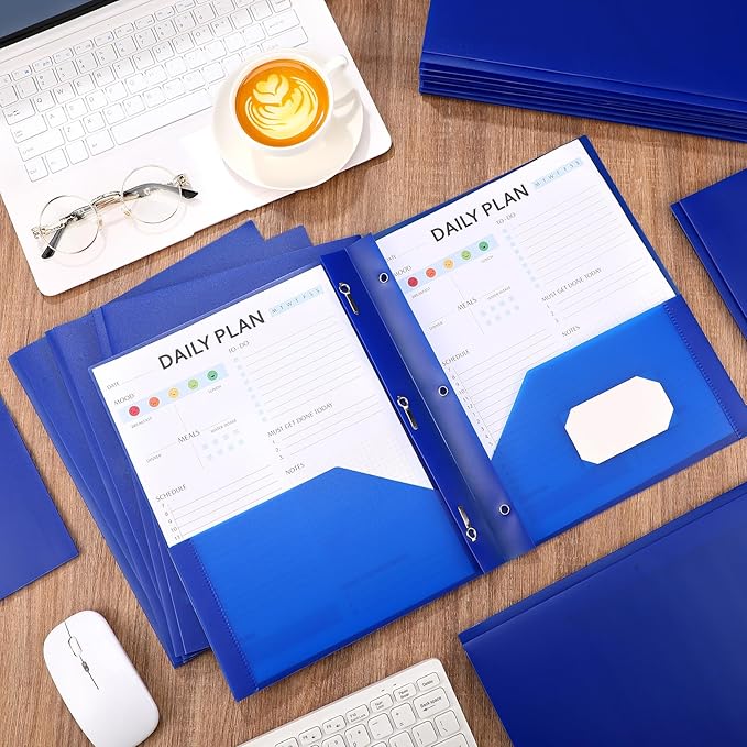 Cholemy 36 Pcs Plastic Pocket Folders with Prong 2 Heavy Duty Pockets Folders with 3 Prongs Letter Size Paper Folders Bulk File Plastic Folders with Fasteners for Office Workers (Blue)