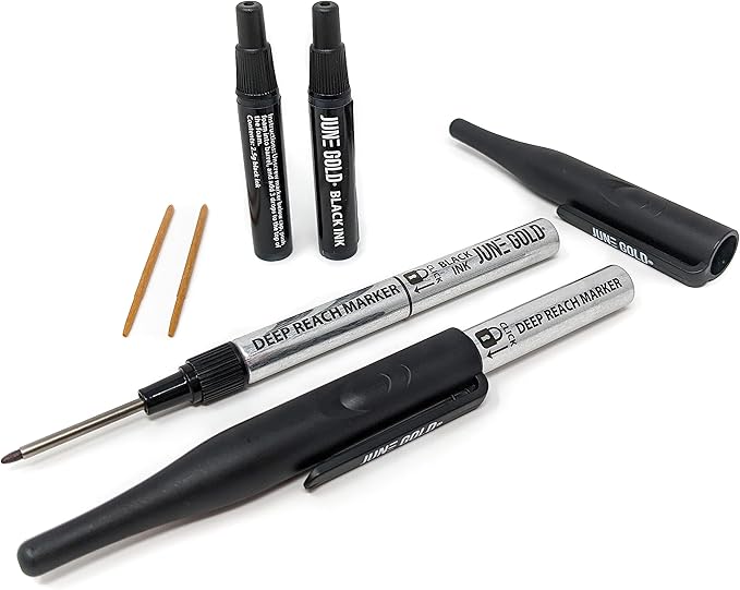June Gold 2 Black Deep Reach Markers, 2 Ink Refill Bottles, 2 Tip Replacements, 30 mm Reach & 2 mm Felt Tip