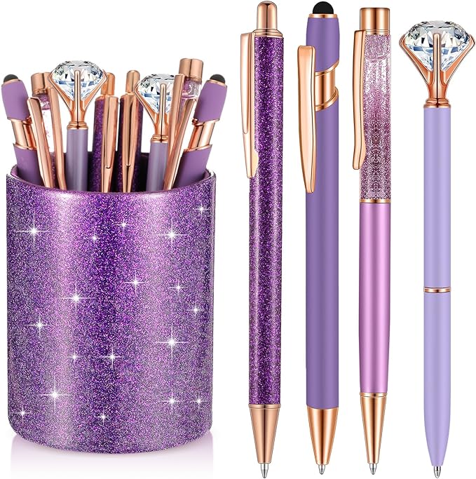 Sabary 8 Pcs Ballpoint Pens with Pen Holder for Desk Metal Crystal Diamond Pen Glitter Pencil Holder Fancy Pens Black Ink Bling Desk Organizer for Women Girls Office School Wedding Gifts (Violet)