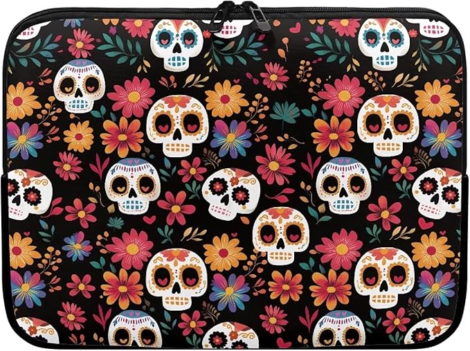 Skull Printed Computer Carrying Cover with Floral Print Laptop Case Bag Easy to Carry Computer Bag, 12 Inch Lightweight Laptop Briefcase Messenger Bag for Women