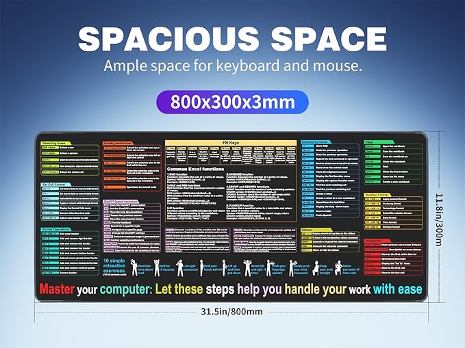 Waterproof Mouse pad—Excel Cheat Sheet Desk pad—Contains 9 major Excel function modules and common functions—Large XL Mouse pad Gaming|Desk mat for Keyboard and Mouse|Computer mat with excel Shortcuts