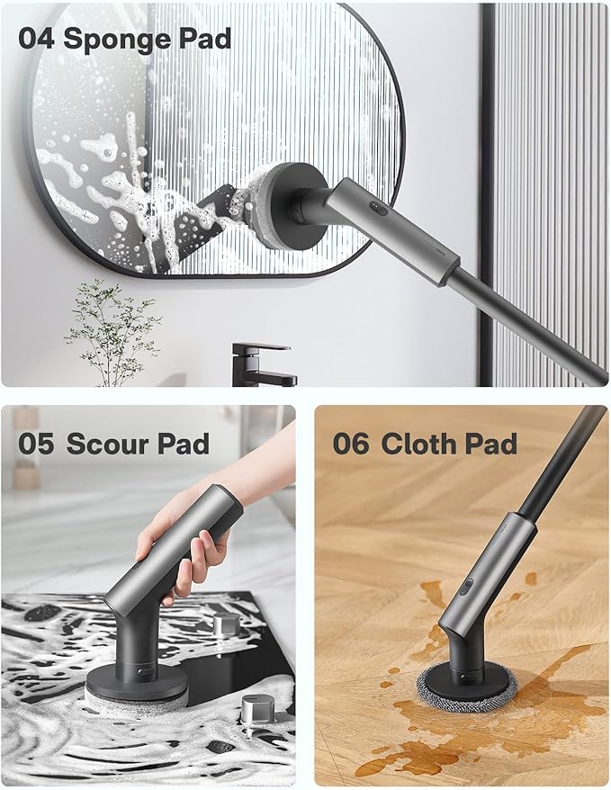 HOTO Electric Spin Scrubber, IPX7 Full Body Waterproof Bathroom Shower Cleaning Brush, Shower Scrubber Brush with Long Handle, 6 Brush Heads, Power Scrubber for Shower, Bathroom, Floor, Tile