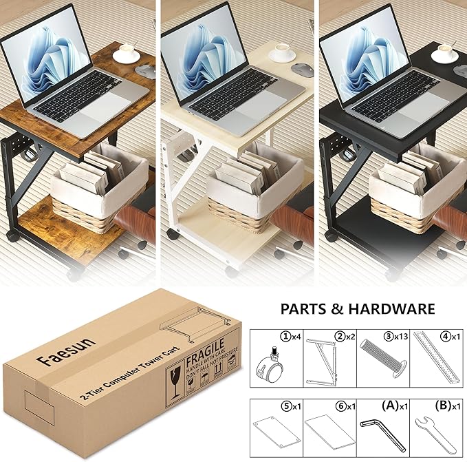 Computer Tower Cart - Height Adjustable PC Stand, 2-Tier ATX-Case CPU Holder Home Office Gaming Desk Accessories with Rolling Lockable Wheels, Laptop Table Standing Computer Desk, Rustic Brown