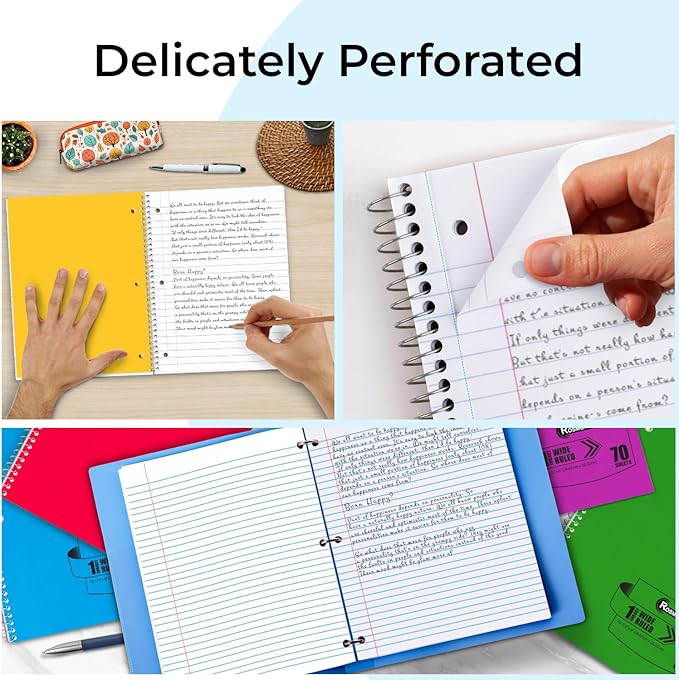 1 Subject Spiral Notebook, 12 Pack, Wide Ruled, Water Resistant Cover, Thick 140 Pages/Book (70 Sheets), 8 x 10-1/2, 3 Hole, Assorted Colors, Bulk School & Office