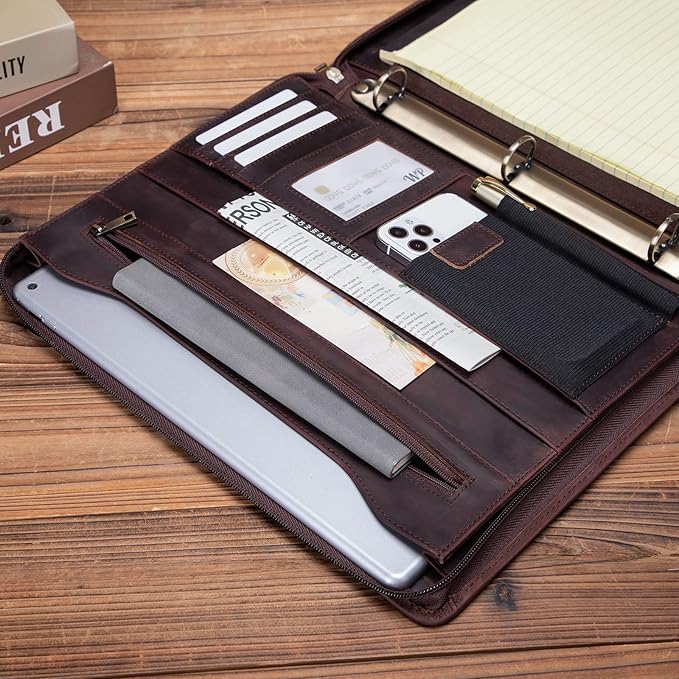 Genuine Leather Portfolio with 3 Ring Binder, Full Grain Leather Padfolio Zippered, A4 Notebook Holder Laptop Sleeve Professional Folder Organizer Gift for Men and Women, Dark Brown