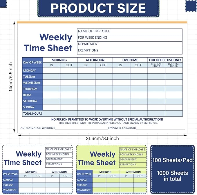 Lincia 10 Pcs Time Sheets for Employees Weekly Format 8.5 x 5.5 Inch Daily Time Cards Time Sheet Log Book for Employee Office Business Schedule Planner Work Record Supplies, 100 Sheets Per Pad
