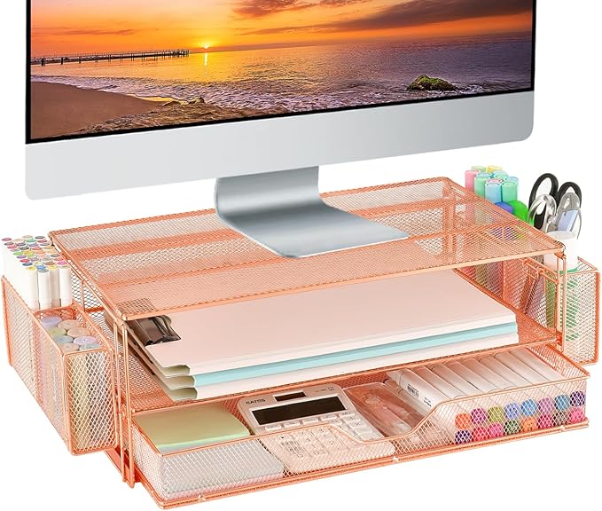 AUPSEN Computer Monitor Stands Riser,2-Tier Desk Organizers and Accessories, Office Desk Accessories Organizer with Drawers and 2 Pen Holder for Office Supplies (Rose Gold)