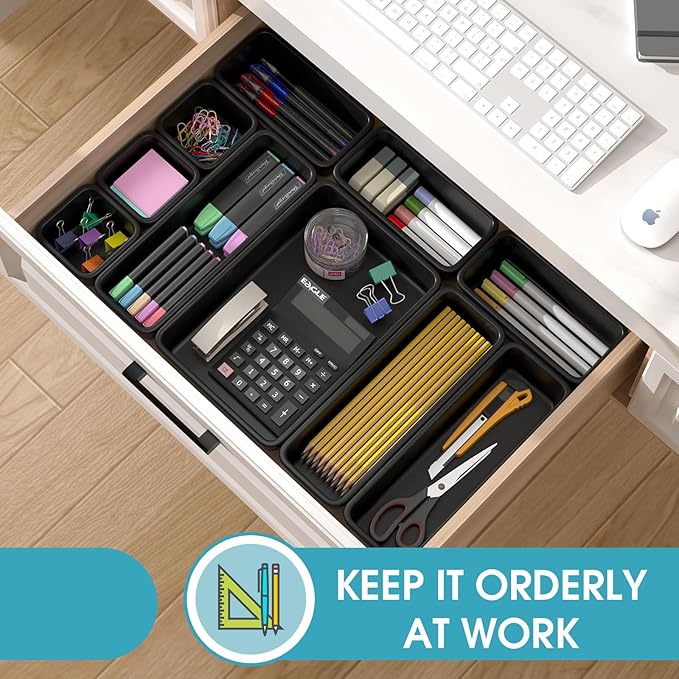 10 PCS Drawer Organizer Set, 4 Size Makeup Drawer Divider Organizer With Non-Slip Pads, Interlocking Plastic Storage Bins for Office,Jewelry Vanity,Gadgets, Bathroom,Kitchen, Black