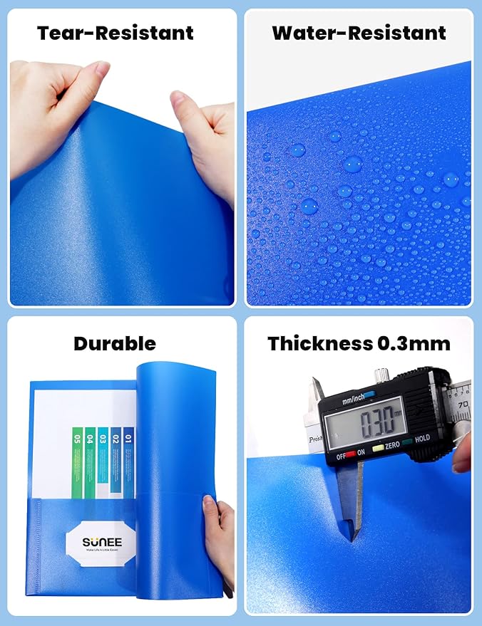 SUNEE 2 Pocket Folders (12 Pack, Blue) Heavy-Duty Plastic Folders with Pockets, Fit 8.5x11 Letter Size Paper, 2-Pocket File Folders for Kids, Home, School, Office