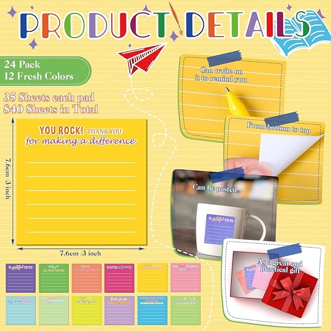 Yinder 24 Pcs Employee Appreciation Sticky Notes Thank You Gifts Bulk Note Pads with Sayings Teacher Gift Mini Pocket Inspirational Notepads for Coworker Office Supply 3 x 3''(Bright,Thanks)