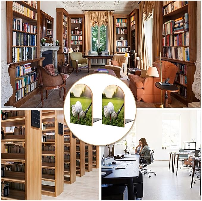 2 Pack Wood Bookends, Sport Golf in Grass Non-Skid Book Ends for Heave Books, Decorative Bookends for Shelves Desk, Book Stoppers Book Holders for Home Office Library School