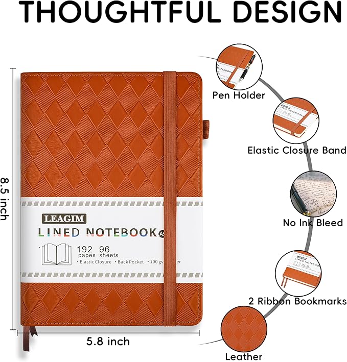 Lined Journal Notebook for Women Men, 192 Pages 100 GSM Thick Paper, Hardcover | Embossed Leather Journals for Writing, A5 College Ruled | Business, Work & School, 5.8"Ă8.5"(Brown)
