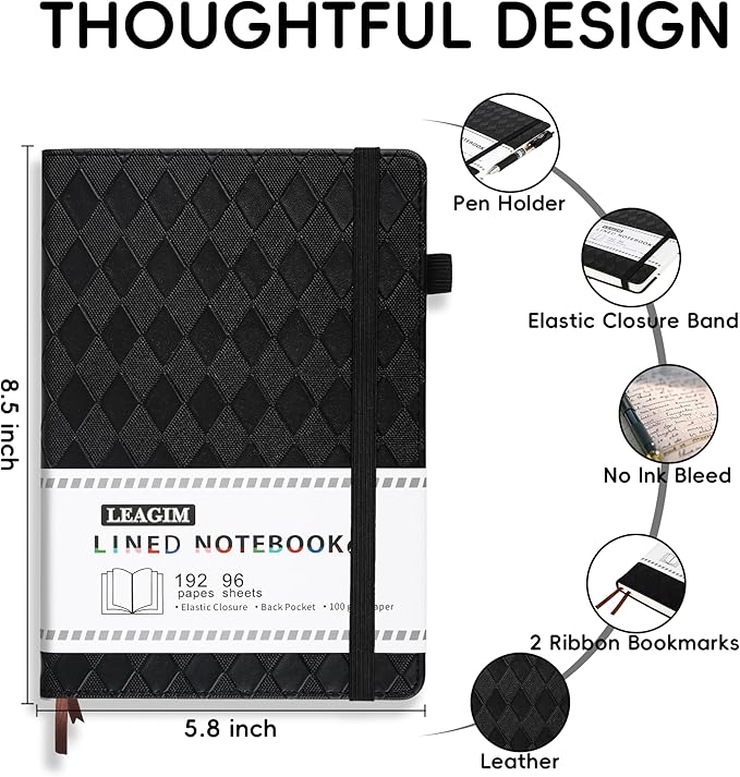 Lined Journal Notebook for Women Men, 192 Pages 100 GSM Thick Paper, Hardcover | Embossed Leather Journals for Writing, A5 College Ruled | Business, Work & School, 5.8"Ă8.5"(Black)
